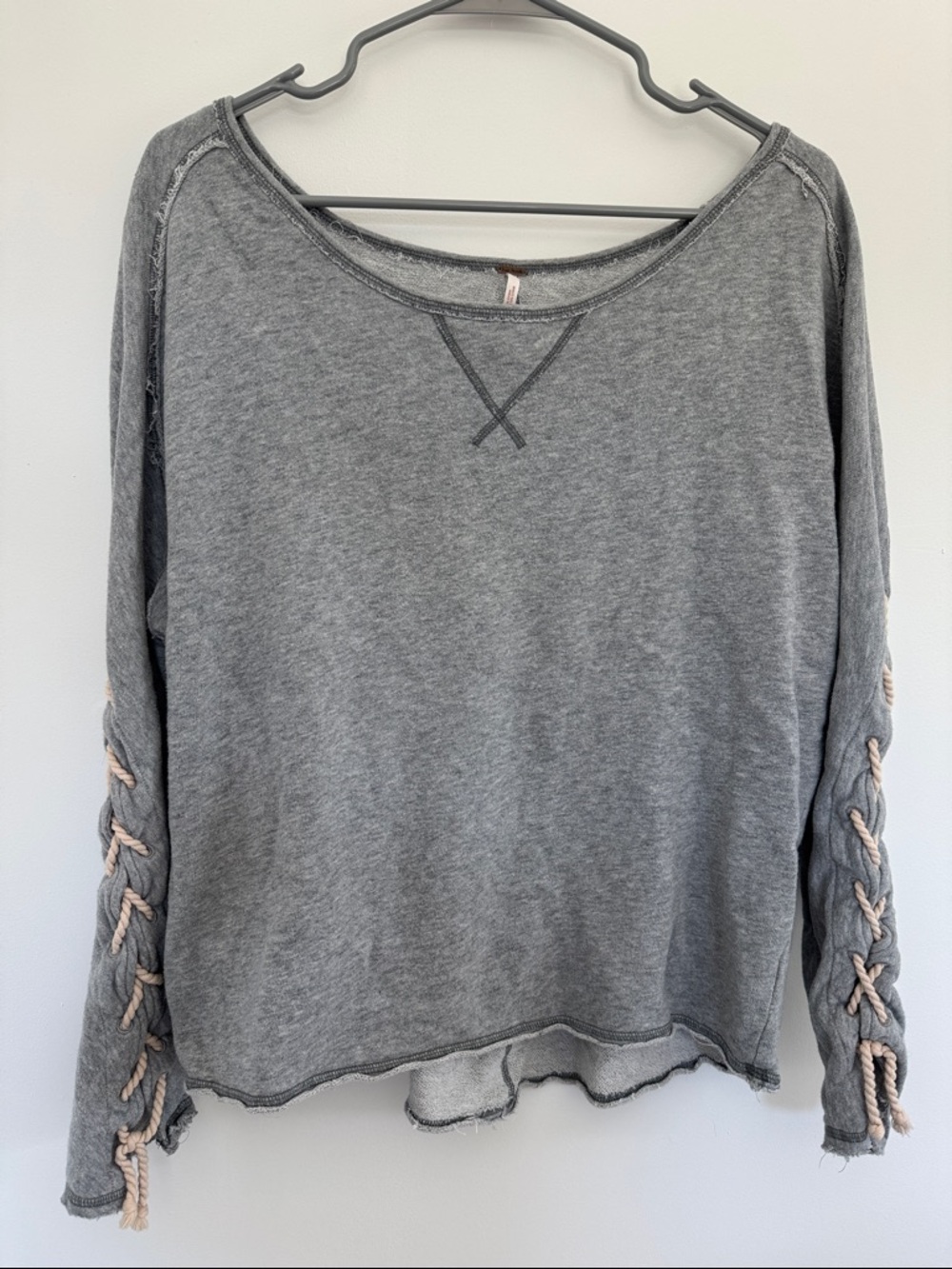 Women’s Washed Gray Scoop-Neck Sweatshirt with Rope Lace-Up Sleeves and back